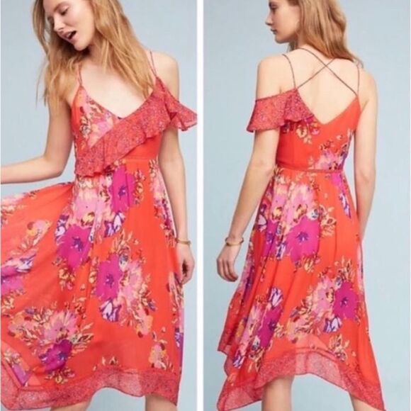 Anthropologie Maeve Grecia Ruffle Floral Silk Dress Size 2 - Picture 3 of 11